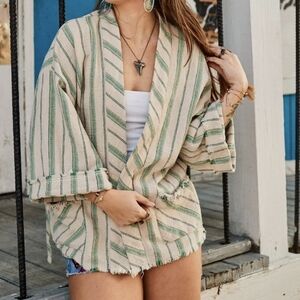 ZARA The Beth Kimono |  Beige Green Striped Jacket Size XL | Boho Chic | Rustic